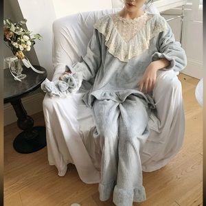 Pajama set 2 PC lace gray velvet Lolita ruffle vintage sleepwear soft